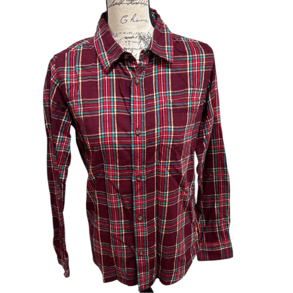 Lands' End Kids Flannel Burgundy Button Down Shirt Classic Plaid Cotton